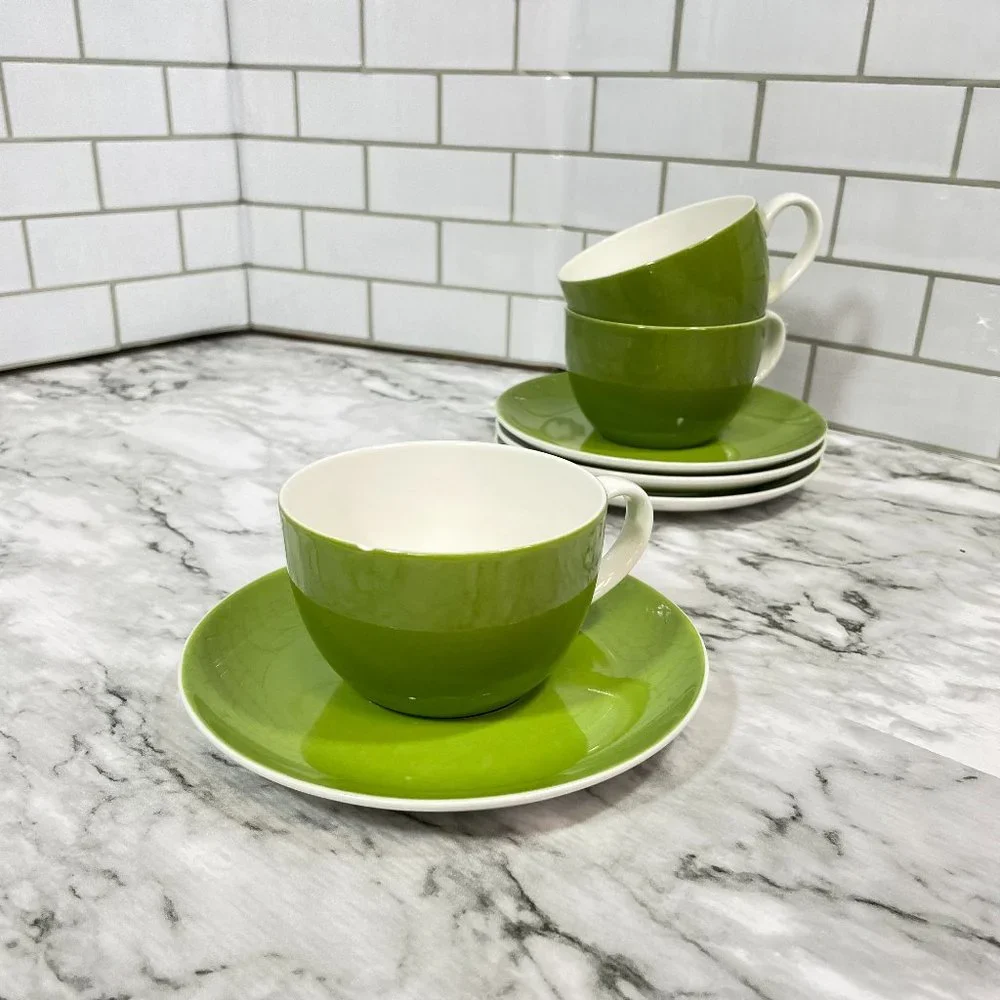 Crate & Barrel Hamptons Green Coffee Tea Cups and Saucers 7 Pieces